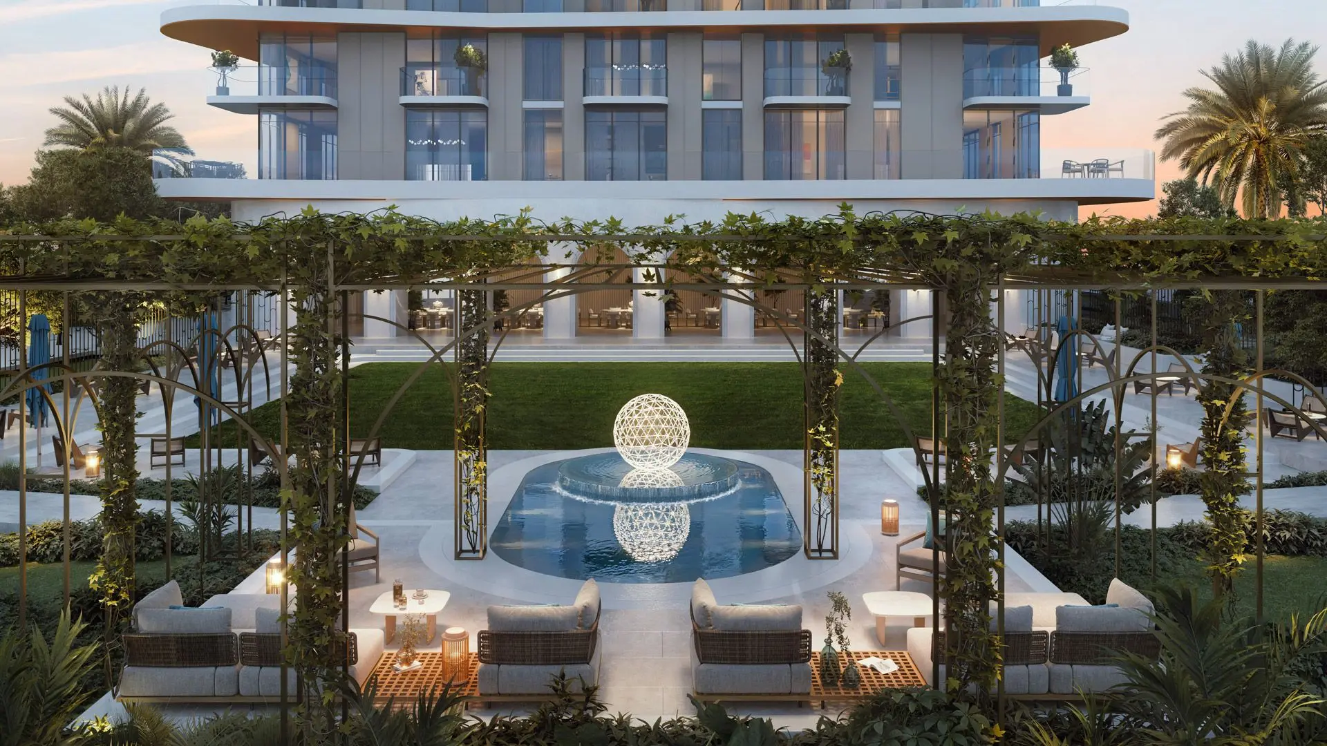 Luxury real estate skyline with waterfront towers.